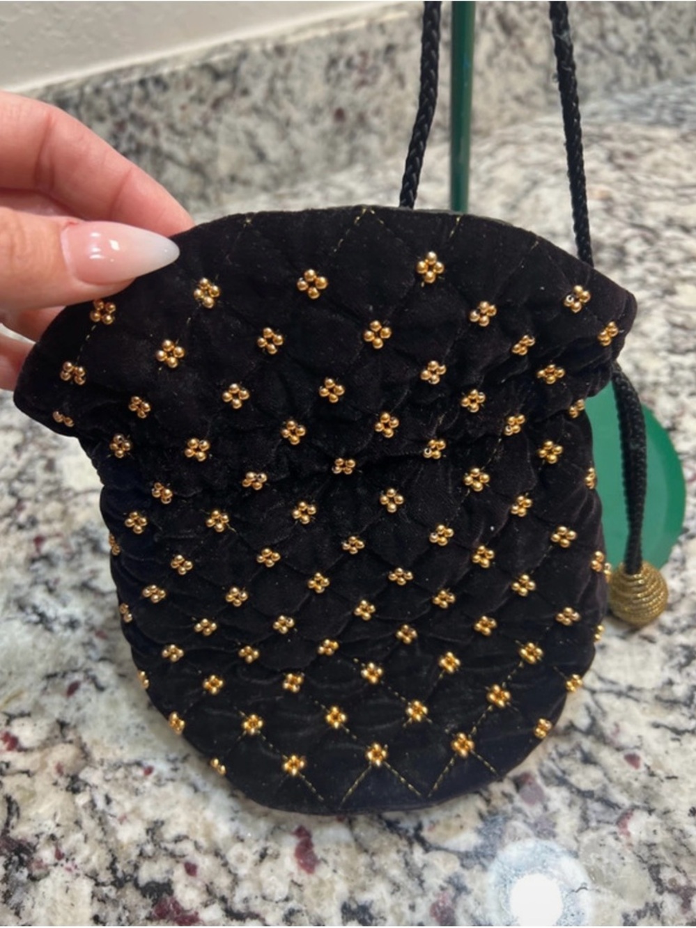 Black Quilted Velvet Mini Drawstring Bag with Gold Bead Accents - Picture 2 of 9